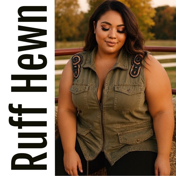 Ruff Hewn Jackets & Blazers - Ruff Hewn Olive Vest with Beaded Accents